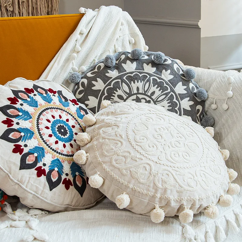 Taie d'oreiller ronde de style ethnique marocain, taie d'oreiller décorative indienne, boule de coussin de canapé, littérature à la main, salon