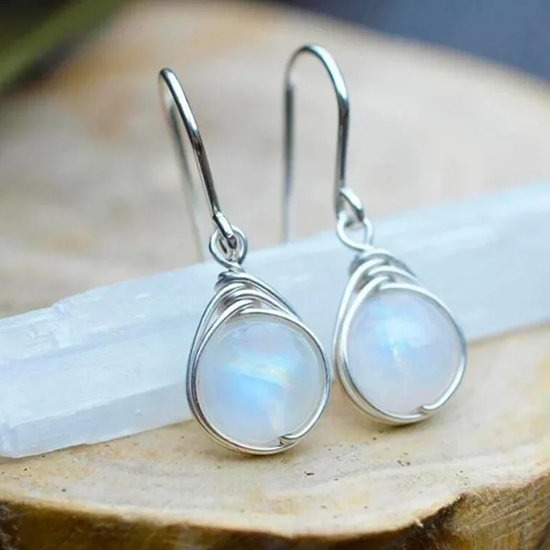 Exquisite Round Moonstone Hook Earrings Simple Fashion Metal Silver Color Earrings For Women Female 2023 New Custom Jewelry