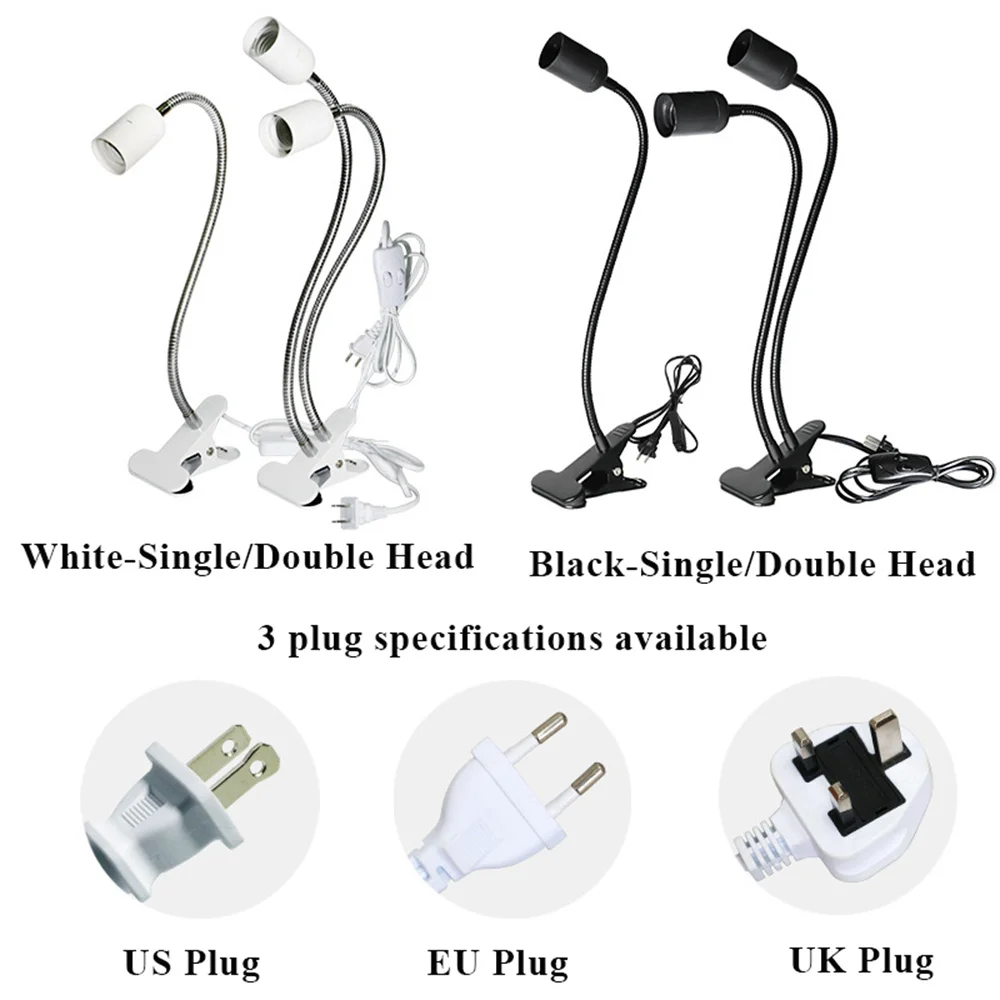 Flexível Suporte Da Lâmpada De Mesa, E27 Base De Luz, Soquete Gooseneck, Clip-on Cabo, Power On Switch para Casa, UE, EUA, UK Plug, 360 Graus