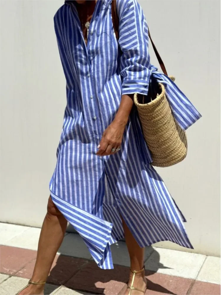 

Commuting Ladies Shirt Dress 2025 Spring New Lapel Single Breasted Striped Printed Vestidos Elegant Lace Up Split Long Dresses