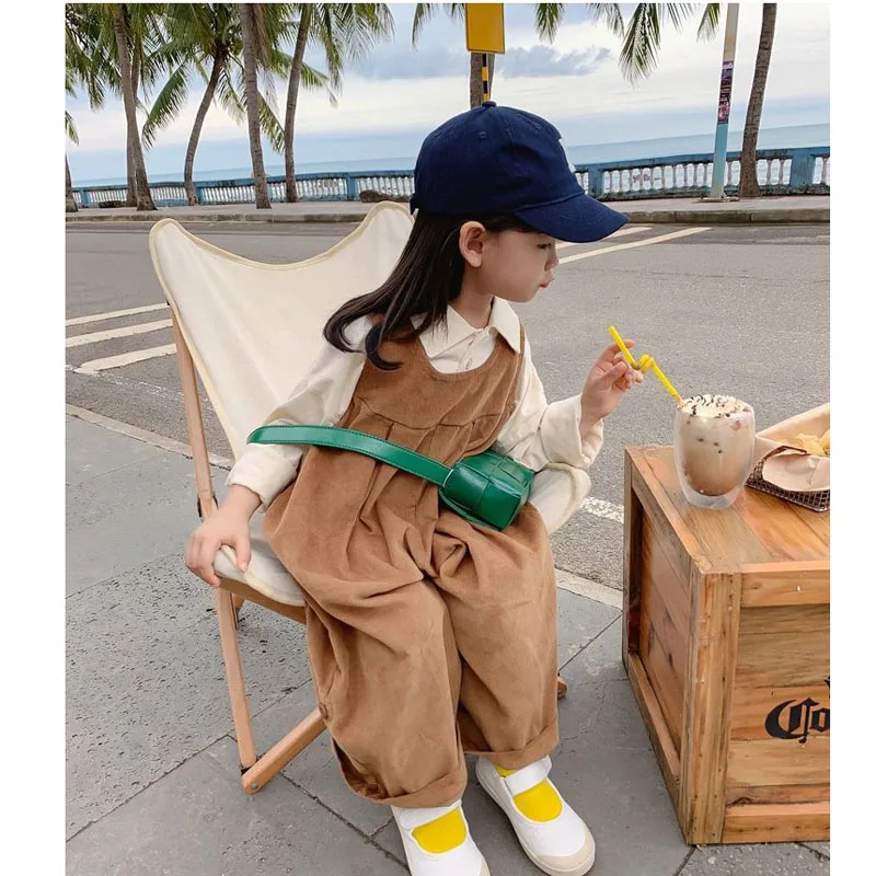 2022 Spring Strap Long Pants Autumn Loose Casual Pants Girls Baby Wide Leg Pants Retro CoffeeColor Corduroy Overalls Fashion