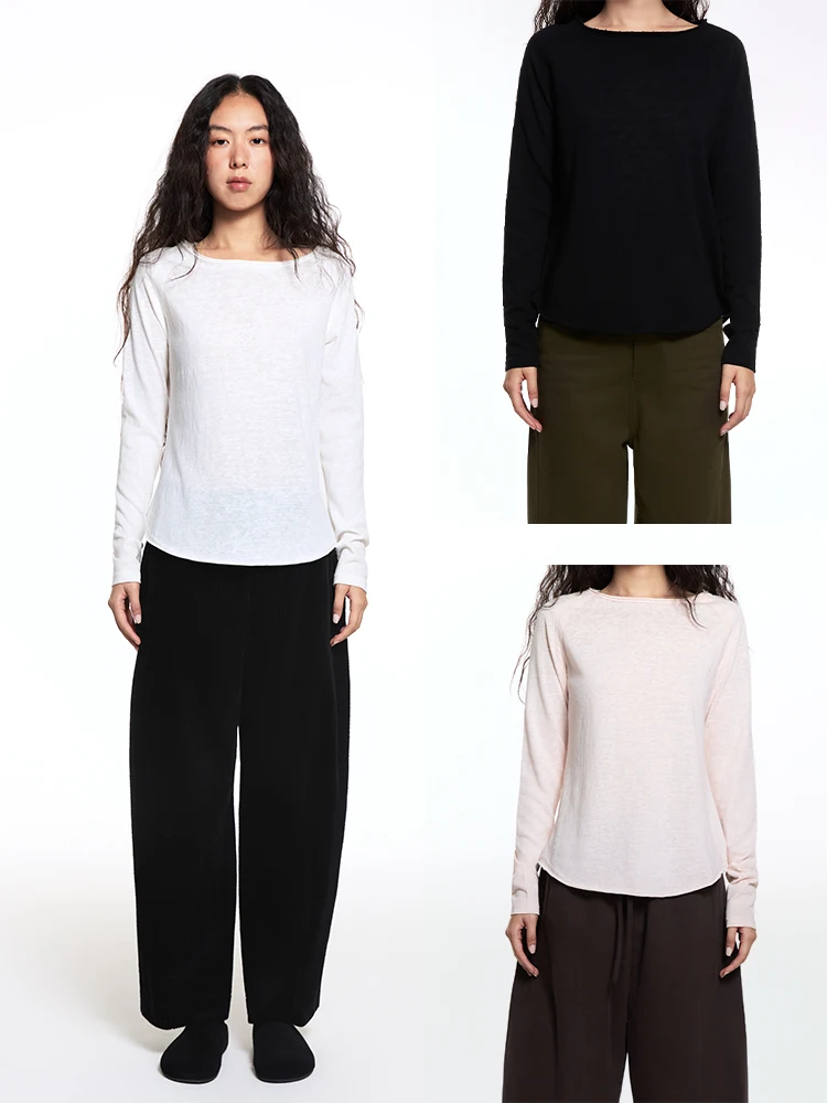 

Женская повседневная футболка EAI из бамбукового вискозного волокна с длинным рукавом, круглым вырезом, мягкая, влагоотводящая, с эффектом потертости по краю