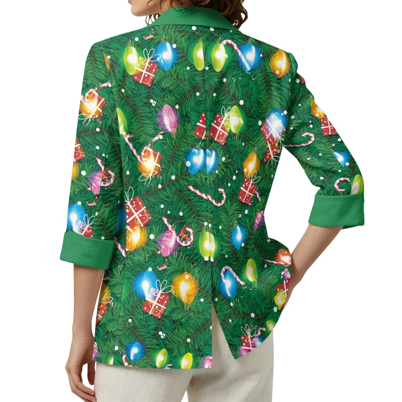 PENSTROLL Christmas Lights Pattern Linen Like Open Front Cardigan for Daily Casual Business Jacket Beach Coverups