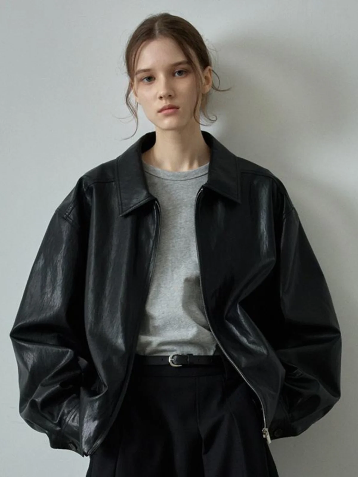 معطف Jaet نسائي فضفاض من الجلد لراكبي الدراجات النارية، كاجوال بطية صدر وسحاب طويل، ملابس خارجية من الجلد الصناعي