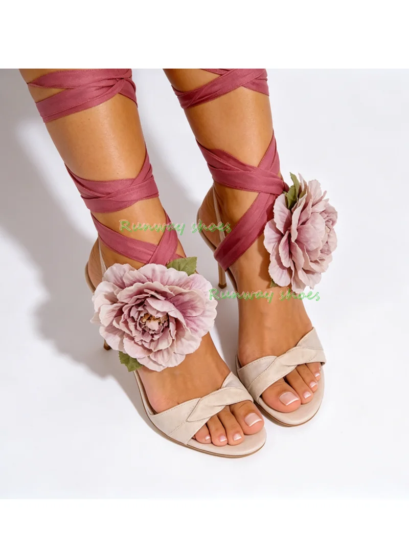 French Retro Peony Flowers Straps Stilettos Women's Sandals Round Head Open Toes Satin Fabric Ankle Wrap Straps Banquet Shoe view 5