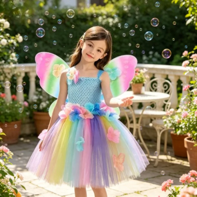 Butterfly Fairy Style Tutu Princess Dress with Wings,Rainbow Flower Design Party Outfit,Halloween Dress Up Clothing for Birthday