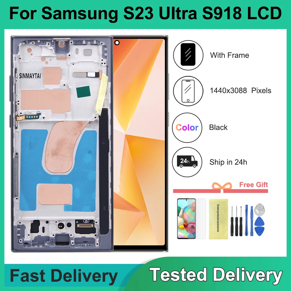 For Samsung S23 Ultra LCD Test TFT Display S918 SM-S918B SM-S918U Touch Screen with Frame Assembly Replacement for Mobile Phones