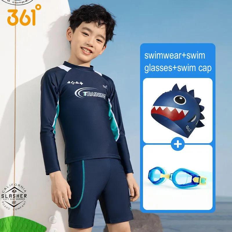 361°Boy Two Pieces UV Sun Protection WaterProof Swim Shirt+Trunks Surfing Glasses Childrens' Quick-Drying Beach Shorts Caps