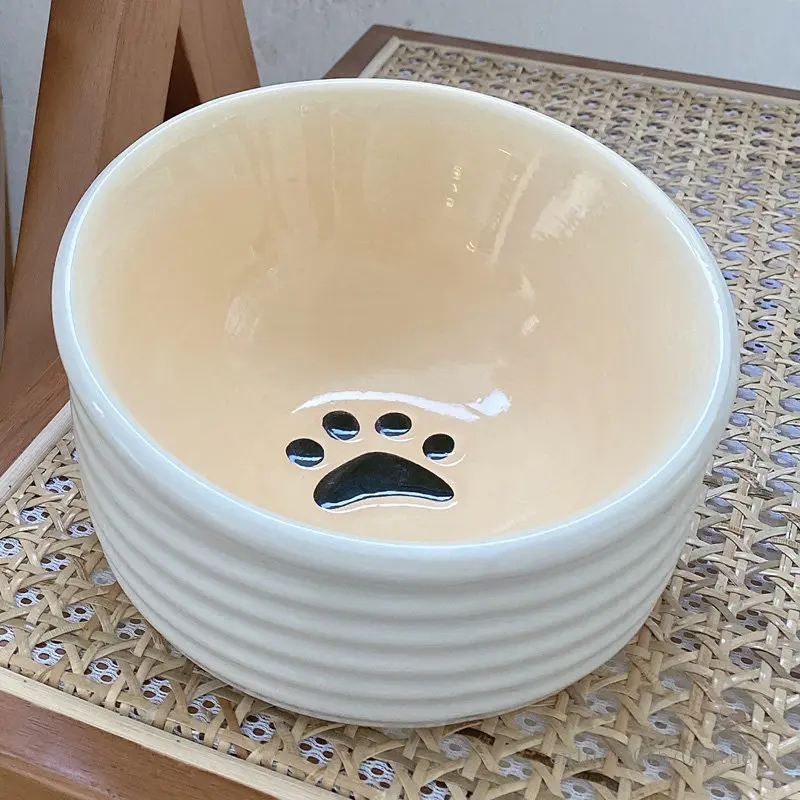 Ceramic Water Ripple Pattern Shape Bowl, Oblique Mouth, Spine Protection, Anti-Overturning Drinking Bowl, Cat and Dog Supplies