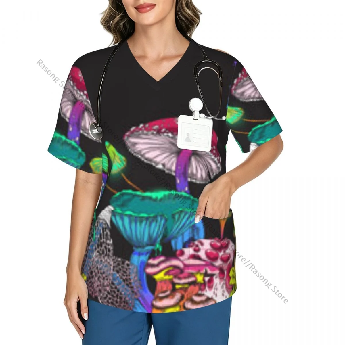 Women Scrubs Blouse Medical Nurse V-neck Clinical Scrubs Top Magic Toadstools And Mushrooms Operating Room Work T-shirt