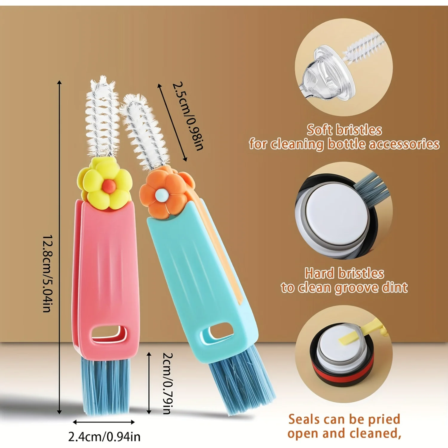 Kit de limpieza de botellas de agua portátil de 3 piezas, cepillos multifuncionales para hendiduras, sin necesidad de energía, perfectos para tapas de tazas, pajitas y