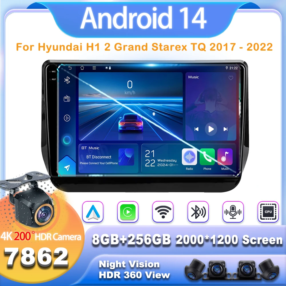 

For Hyundai H1 2 Grand Starex TQ 2017 - 2022 Android 14 Intelligent System GPS Navigation Bluetooth Carplay Rear Camera 7862CPU