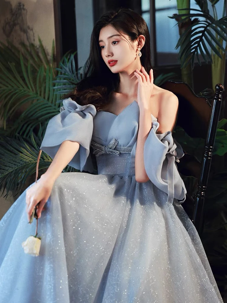 Blue Elegant Bridesmaid Dresses Strapless A-line Tulle Detachable Sleeve Floor Length Woman Strapless Long Wedding Party Gowns