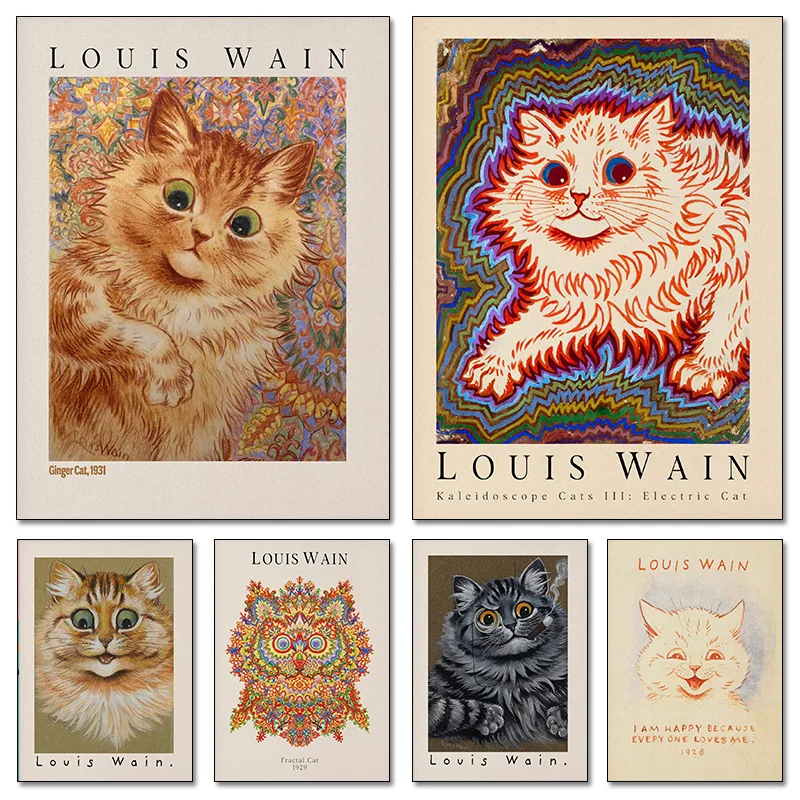 Póster de gato caleidoscopio de jengibre de Louis Wain, pintura en lienzo de Animal divertido Retro, arte de pared para habitación de niños, Mural de decoración del hogar para dormitorio