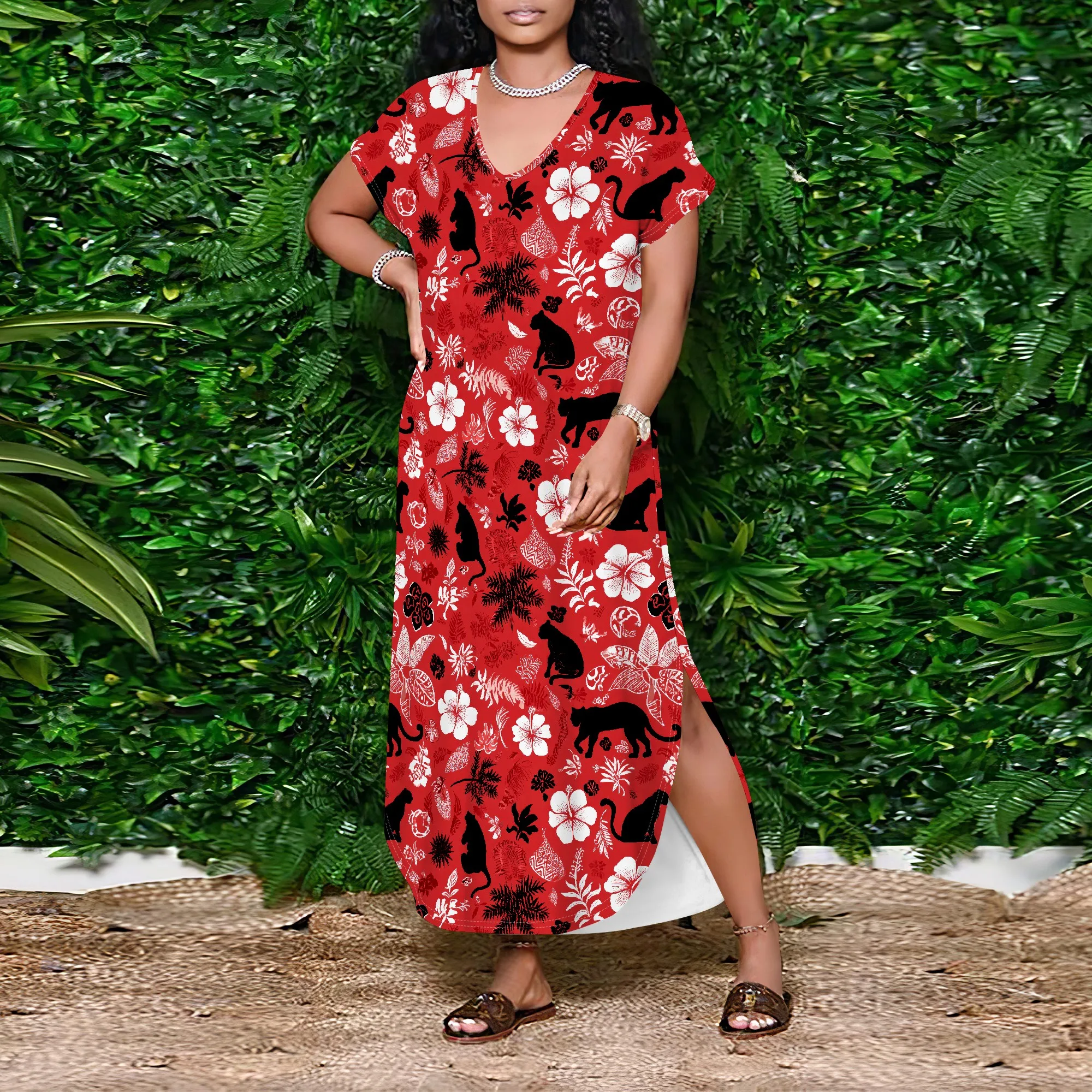 Abito estivo da donna casual a maniche corte con scollo a V, maglietta lunga, maxi abiti da spiaggia con spacco laterale ampio e tasca