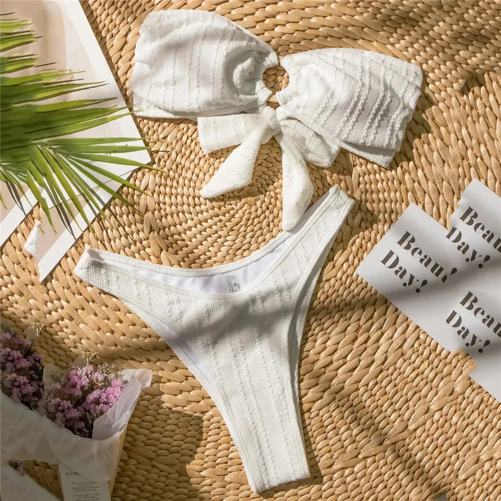 

Купальники-бандо без бретелек, женские комплекты бикини из двух предметов с металлическим кольцом, мятый сексуальный купальник с высоким вырезом, купальный костюм, бразильское бикини