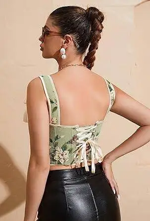 Green Floral Print & Bows Sexy Overbust Spaghetti Strap Corset Top Women Elegant Vintage Bustiers & Espartilhos Gothic Clothing