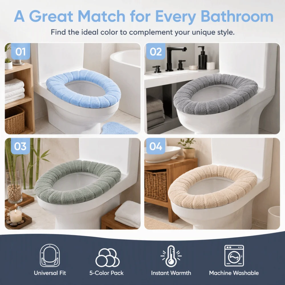 5 Pack 5 Color Combinations Toilet Seat Cover Polyester Washable Toilet Seat Cushion Soft Universal Fit U/V/O Toilets