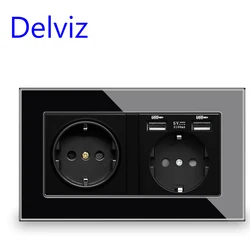 Delviz Crystal Glass USB Socket, 146mm*86mm Black Panel, Electrical socket hole With 2A USB Ports, 16A Power Wall Double Outlet