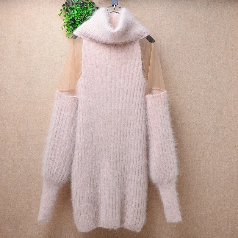 04 Female Women Fall Winter Sexy Lace Hairy Mink Cashmere Knitted Turtleneck Loose Pullover Angora Fur Jumper Sweater Pull Tops