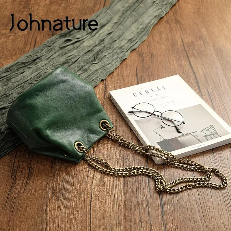 Johnature Simple Women Bucket Bag Genuine Leather 2024 New Vintage Nature Soft Cowhide Chain Shoulder & Crossbody Bags