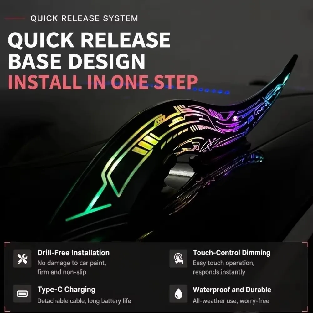 1Pair 32 LED Light Modes Dragon Horn Car Roof Fins Waterproof Touch Dimmable Car Arc Light Type-C Rechargeable Quick Release