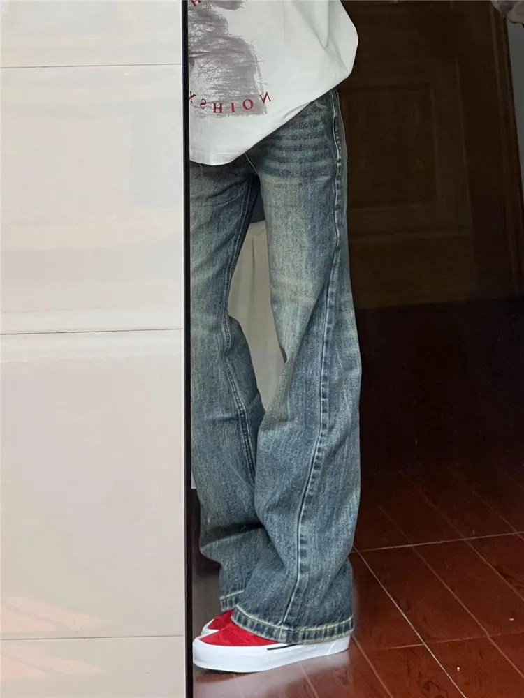 

Low Waist Bell Bottom Denim Jeans Women's Spring Autumn Loose Slimming Vintage Washed Extended Length Straight Leg Trousers