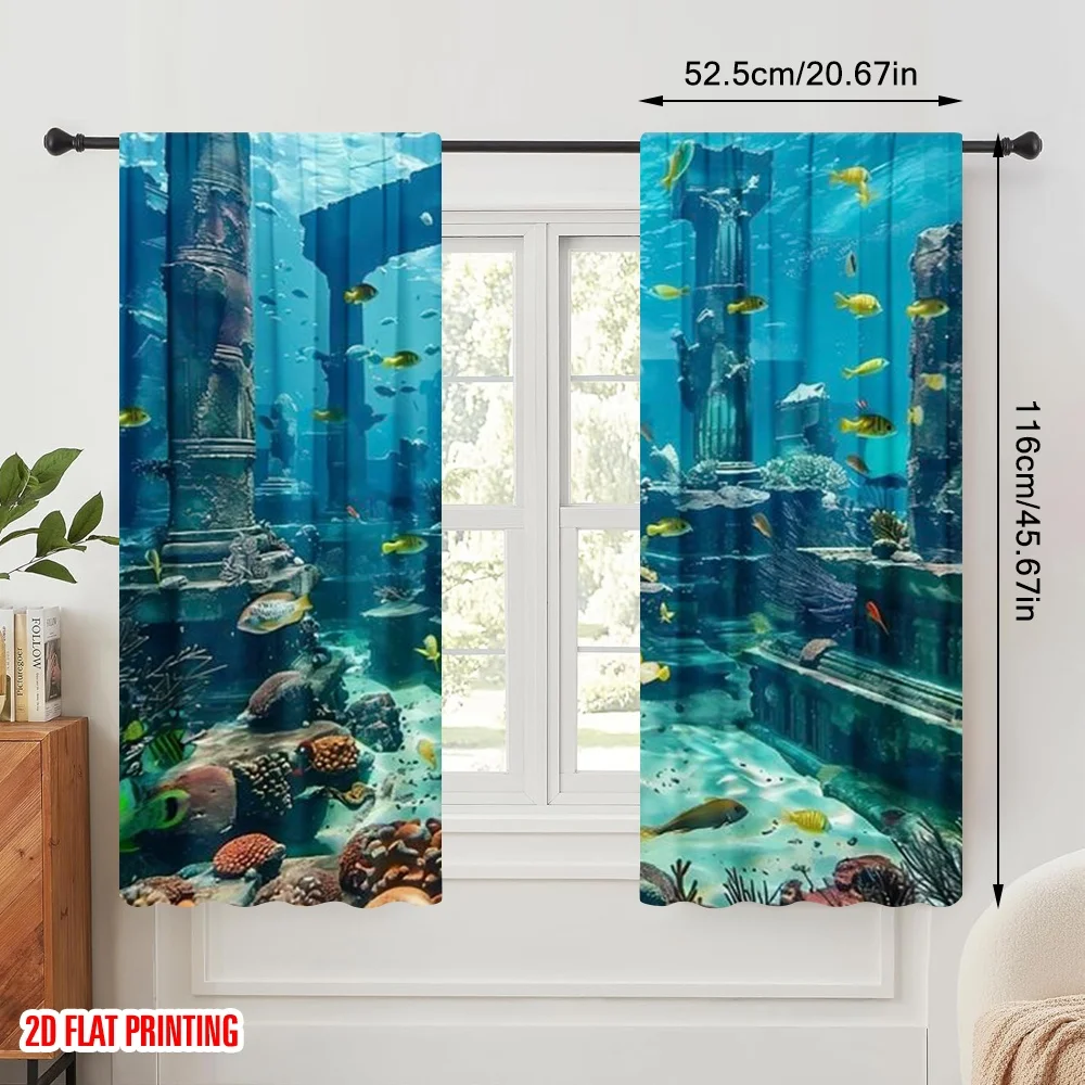 2pcs 2D flat printing Window Curtains Underwater poster fish tank coral Polyester Without Electricity Seasonal Party & Holiday