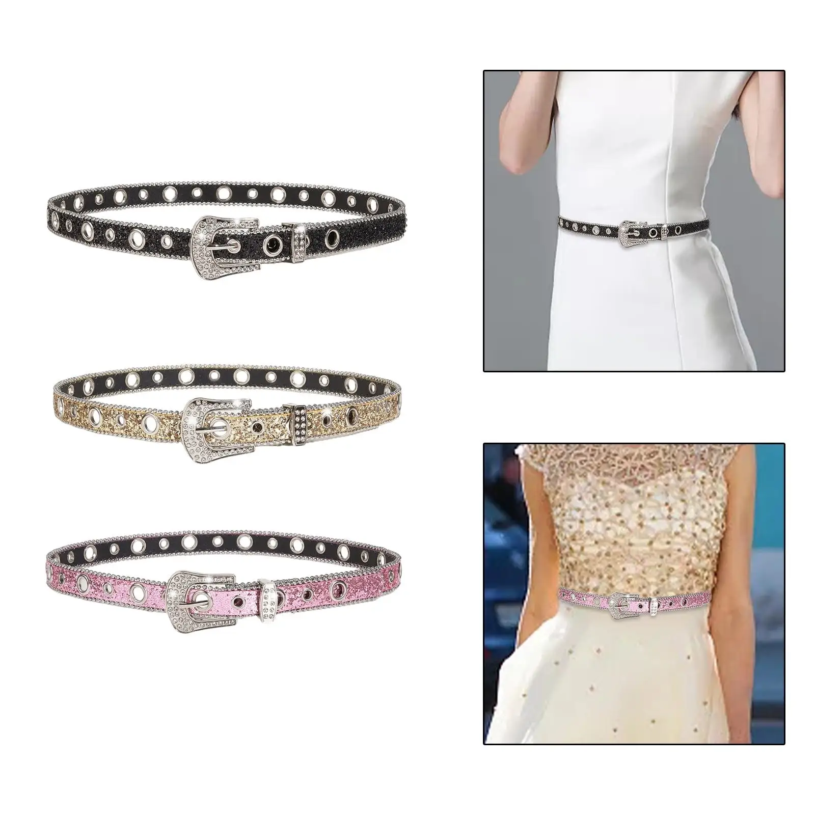 Rhinestone Belt Women PU Leather Waist Belt Bling Cowgirl Belt for Trousers