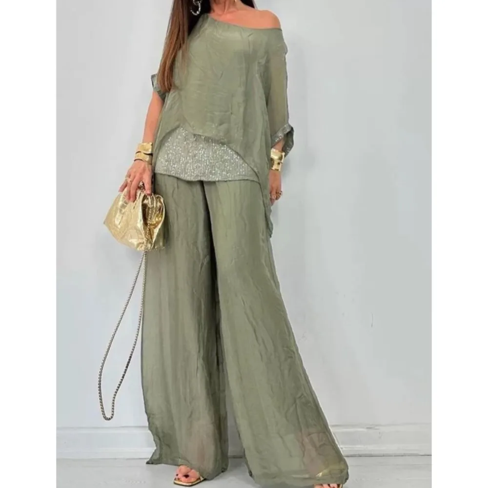 

Fashion Sequin Splicing Chiffon Bat Short Sleeve For Women's Solid Color Suit Summer New Casual Elegant Female Office 2piece Set