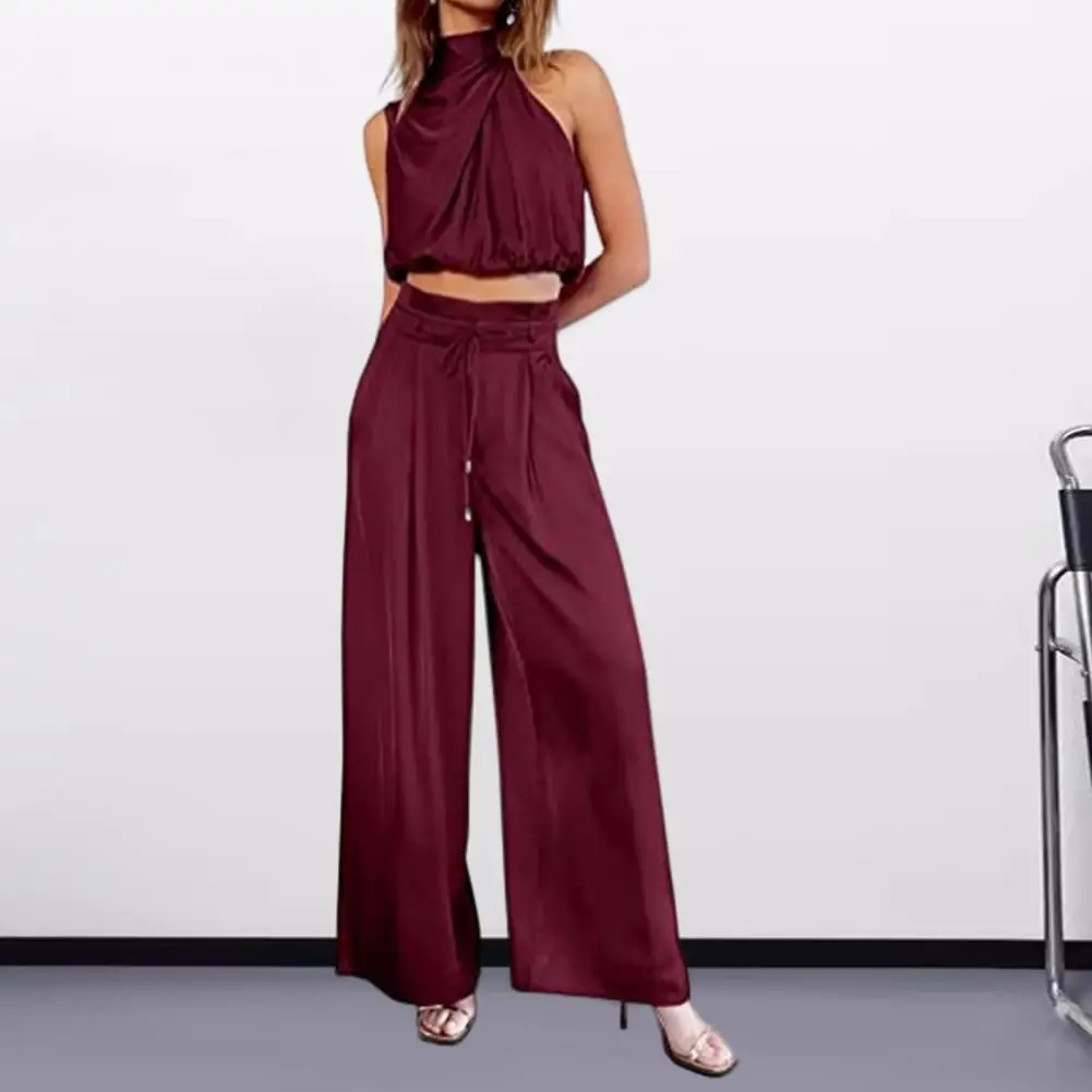 Women\'s Two Piece Pants Sets Outfit Silk Pleated Sleeveless Top Wide Leg Pants Set Summer Matching Sets 2024