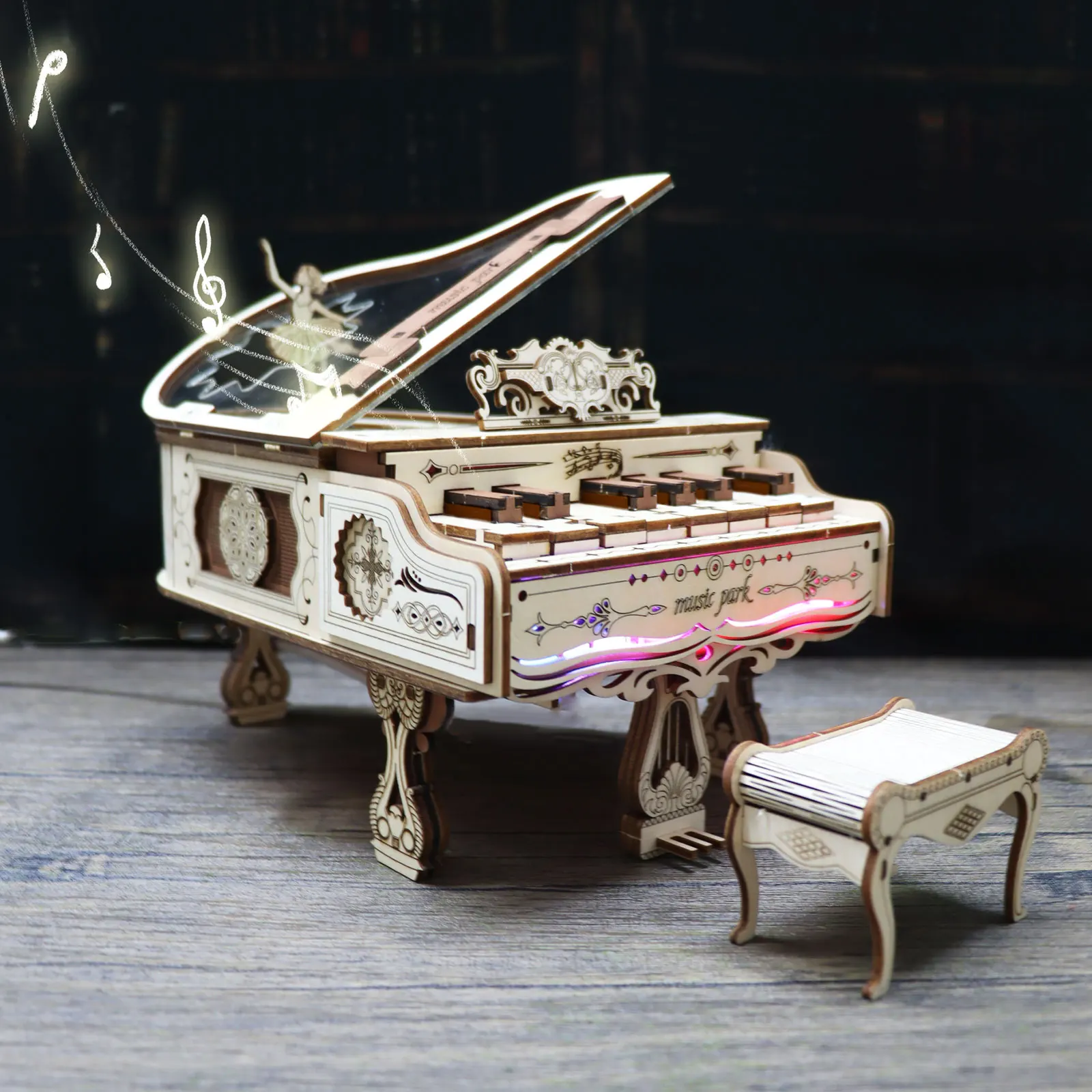 Kits de modelos de rompecabezas de madera 3D para adultos para construir caja de música de piano se puede hacer paly con luces, regalos para Navidad