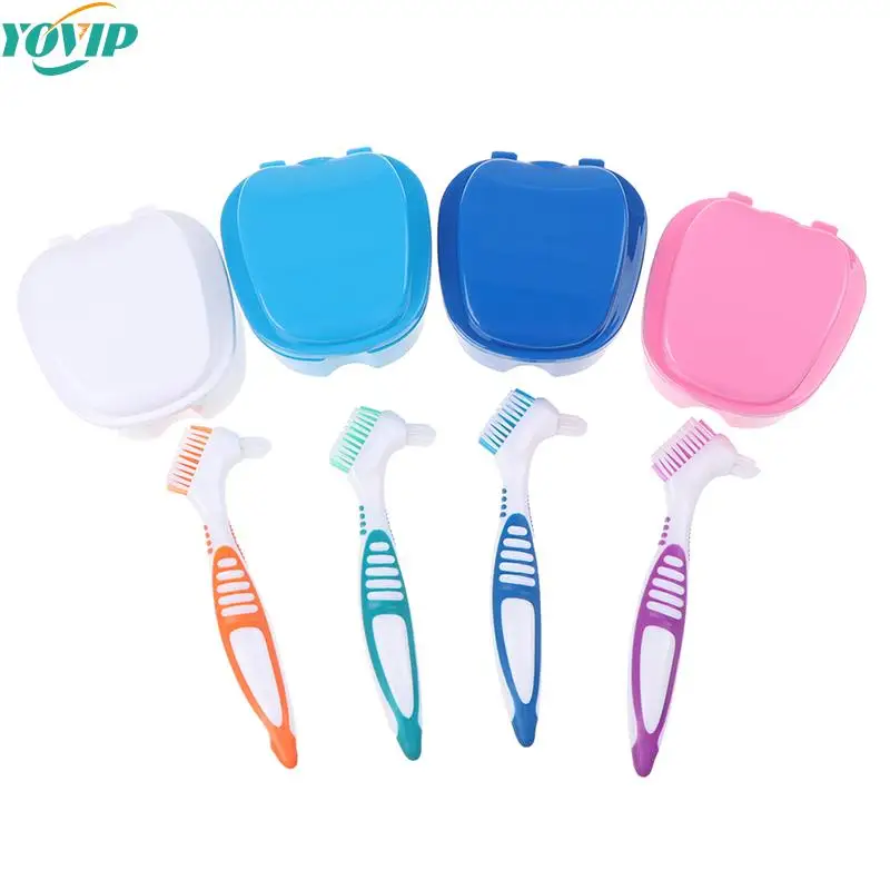 1set Denture Box And Brush Set Retainer Cleanning Denture Case Brush Toothbrush high quality