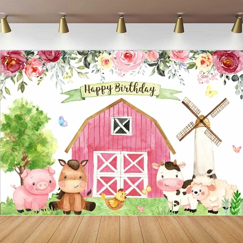 

Pink Farm Photography Backdrop Girls Floral Barnyard Background Cartoon Animals Farmhouse Birthday Party Baby Cake Table Banner