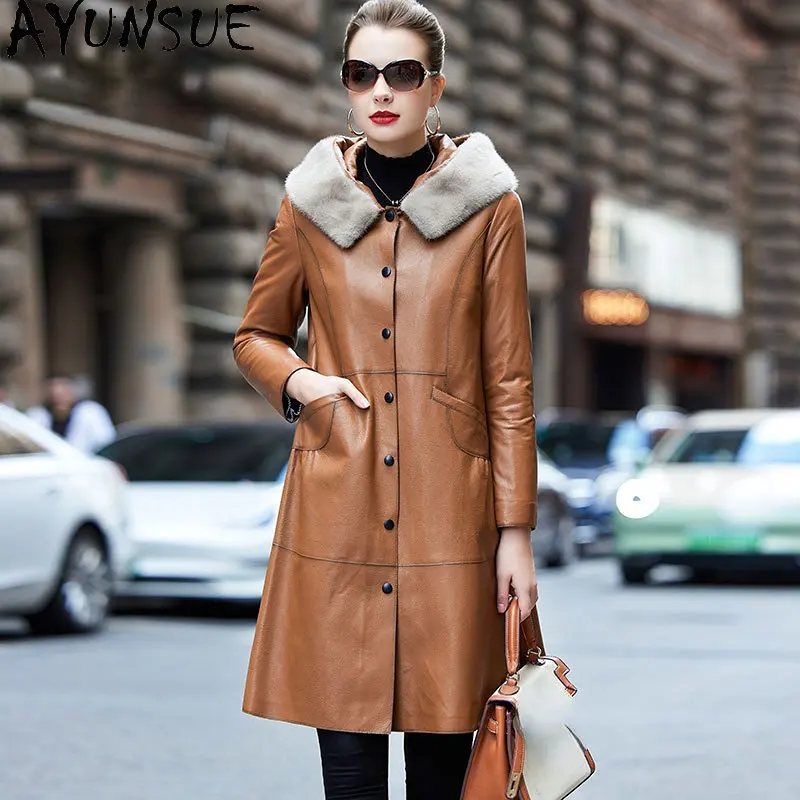 

AYUNSUE High-end Genuine Leather Jacket Women Winter Down Coats Real Sheepskin Jackets Women Mink Fur Collar Jaqueta Feminina