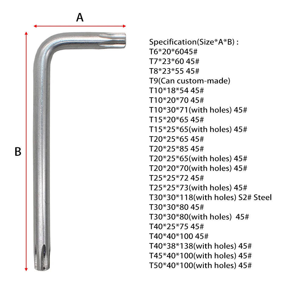 Embout de clé Torx anti-inviolable en forme de L, T6, T7, T8, T9, T10, T15, T20, T25, T30, T40, T45, T50, 100 pièces par lot