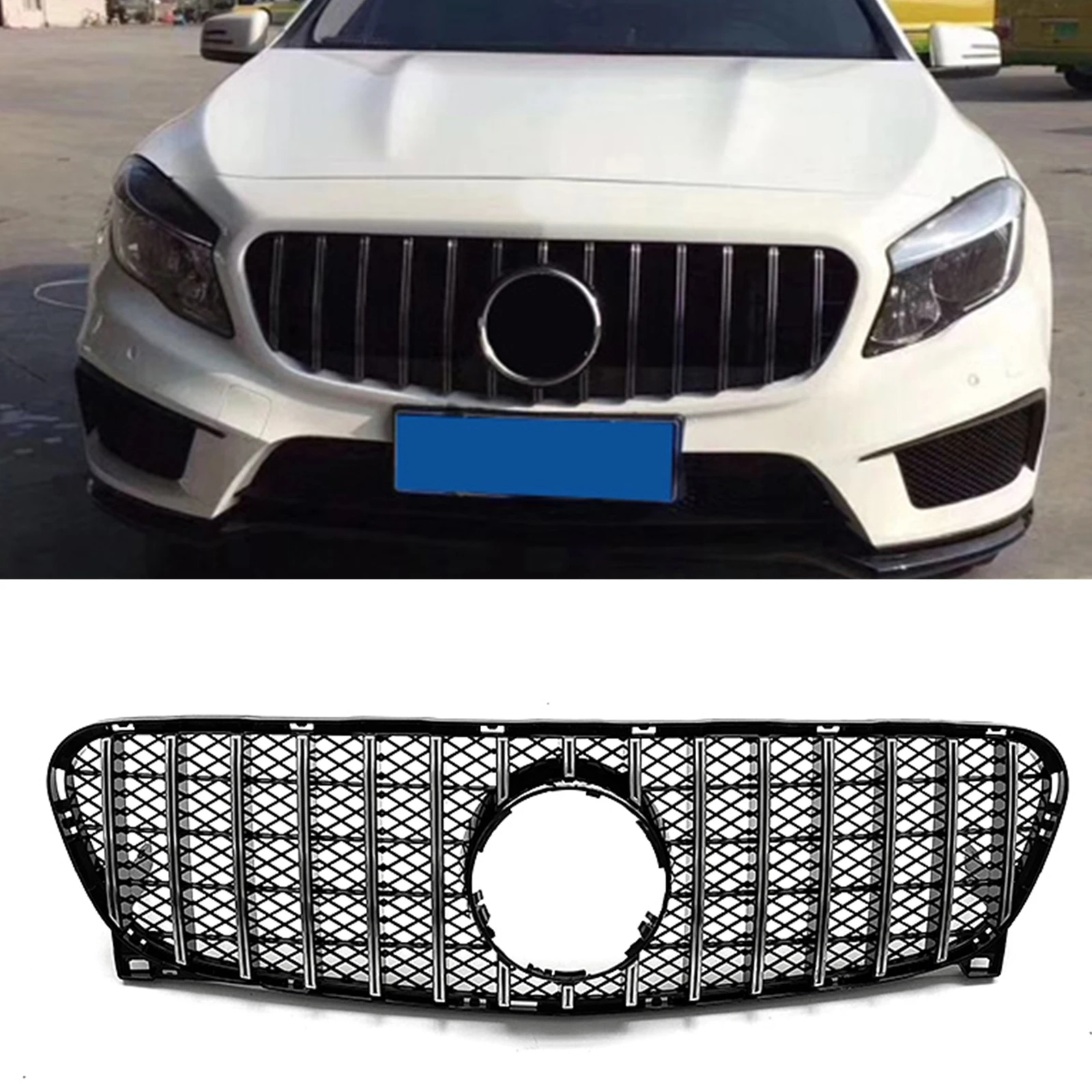 Front Grille For Mercedes-Benz GLA Class X156 2014-2016 GLA200 GLA250 GT Style Silver/Black Upper Bumper Hood Mesh Grill Grid