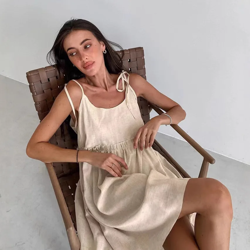 

Летнее платье-комбинация из хлопка и льна в городском стиле для женщин, коллекция Весна-Лето 2026, с высоким качеством