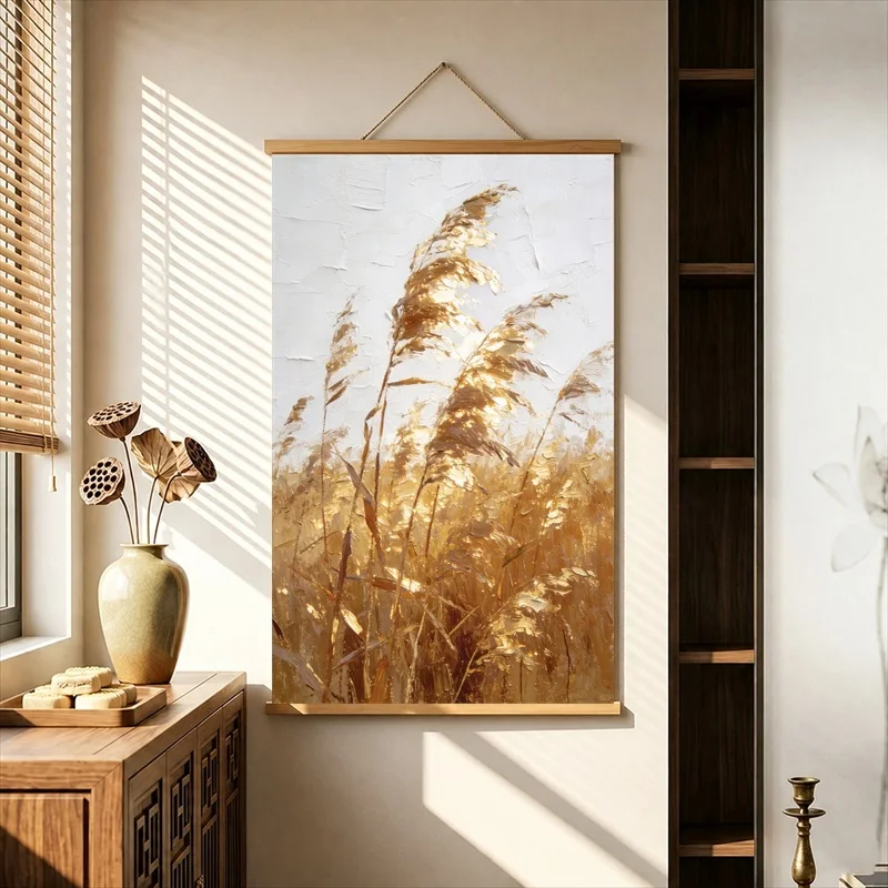 Wabi Sabi Decor Pearlescent Canvas Wall Art Golden Reeds And Quiet Water at Sunset Hanging Scroll for Reading Nook