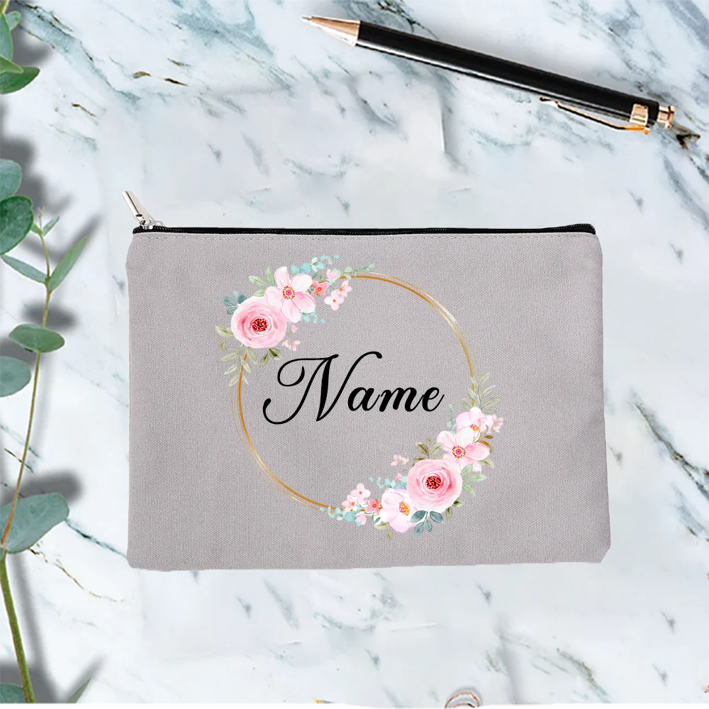 Floral Wreath Personalized Bridemaid Makeup Bag Travel Toiletry Organizer Cosmetic Bag Custom Gift Canvans pouch Girls Trip Gift