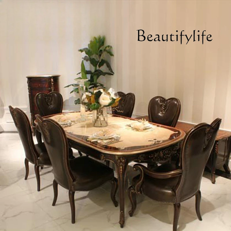 European classical furniture solid wood carving flower desktop art parquet long dining table premium dining table