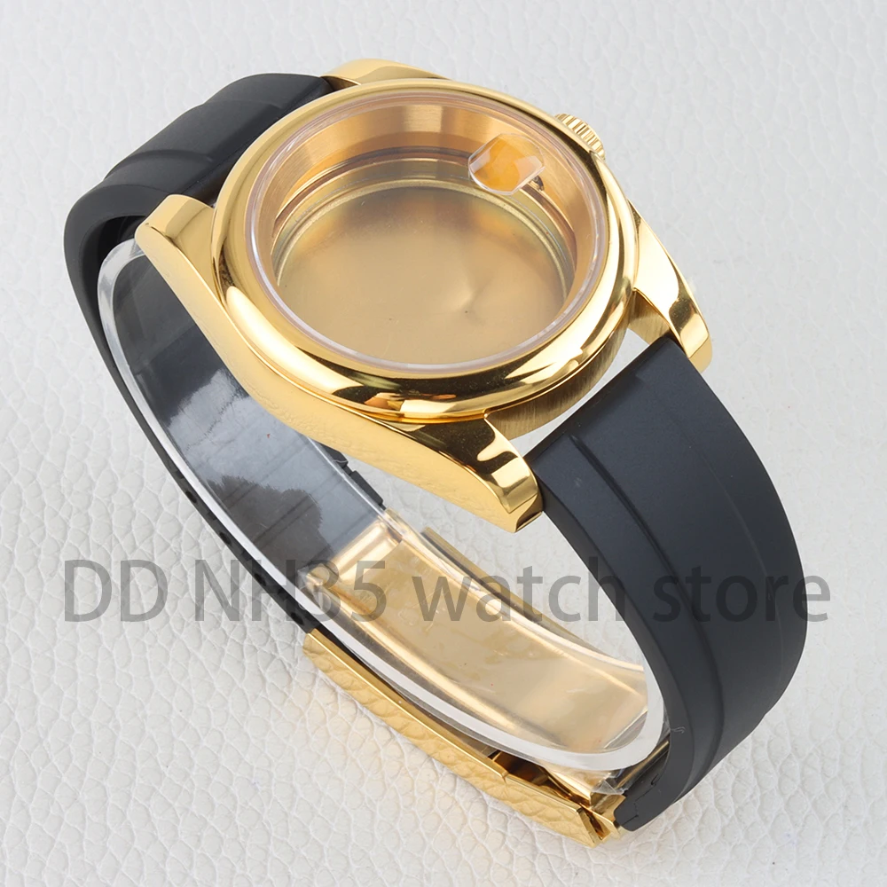 36mm/39mm Gold PVD NH35 Watch Case Rubber Strap Sapphire Glass For DATEJUST NH35 NH36 Movement 28.5mm Dial Stainless Steel Case
