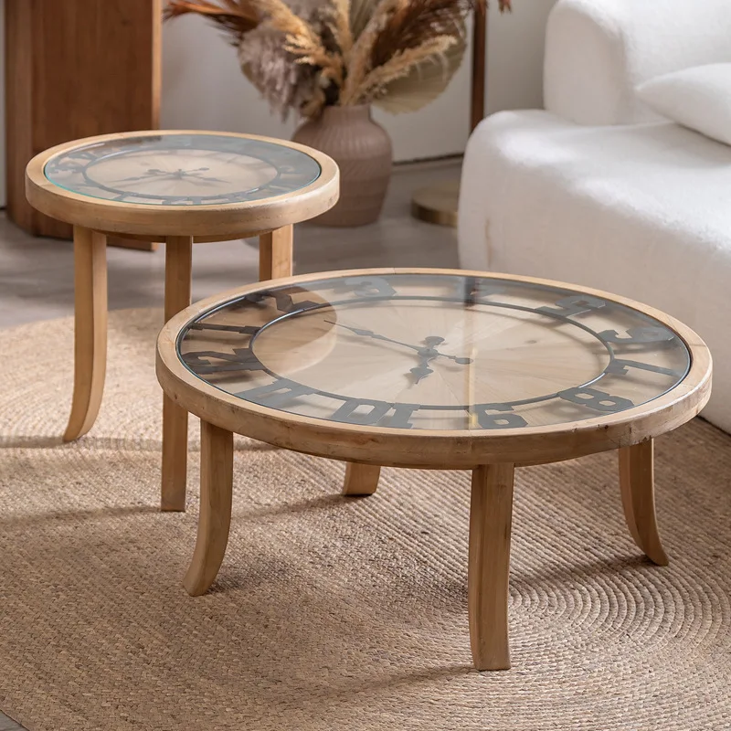 

Coffee shop solid wood coffee table, small apartment family living room tea room decoration clock round table