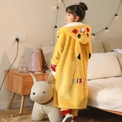 Kawaii Pikachu Children's Robe Fall and Winter Thickened Coral Velvet Pajamas Cartoon Parent-child Set Bathrobe Sleeping Pants