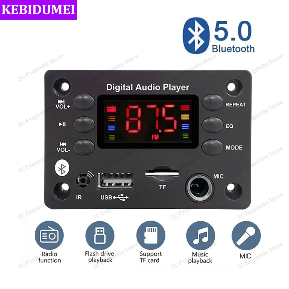 Bluetooth 5.0 MP3 WMA WAV APE Decoder Board with Car Audio Microphone USB TF FM Radio DC 5V 12V Hands-free Mp3 Music Player