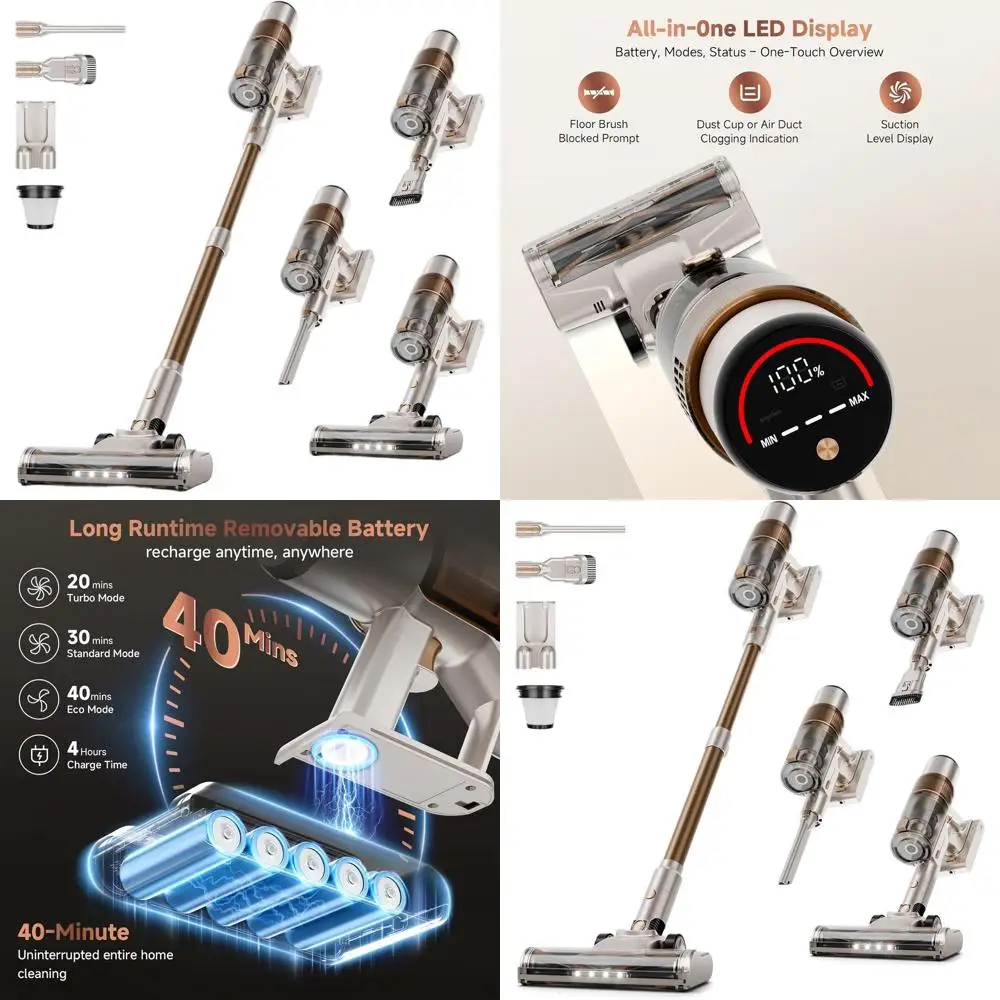 Powerful 40KPA Suction Cordless Stick Vacuum Cleaner, Portable 6-in-1 Rechargeable for Home, Pet Hair, Carpet, Hard Floors