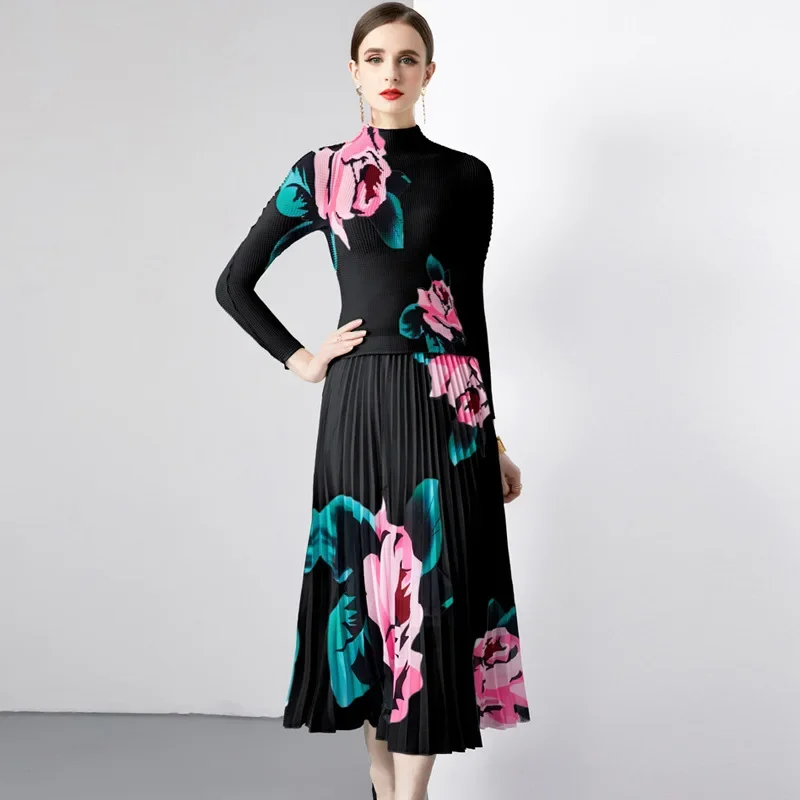 

Temperament Autumn and Winter Elegant Print Set 2024 Ruffled Versatile New Top+Ruffled Half Skirt Two Piece Set