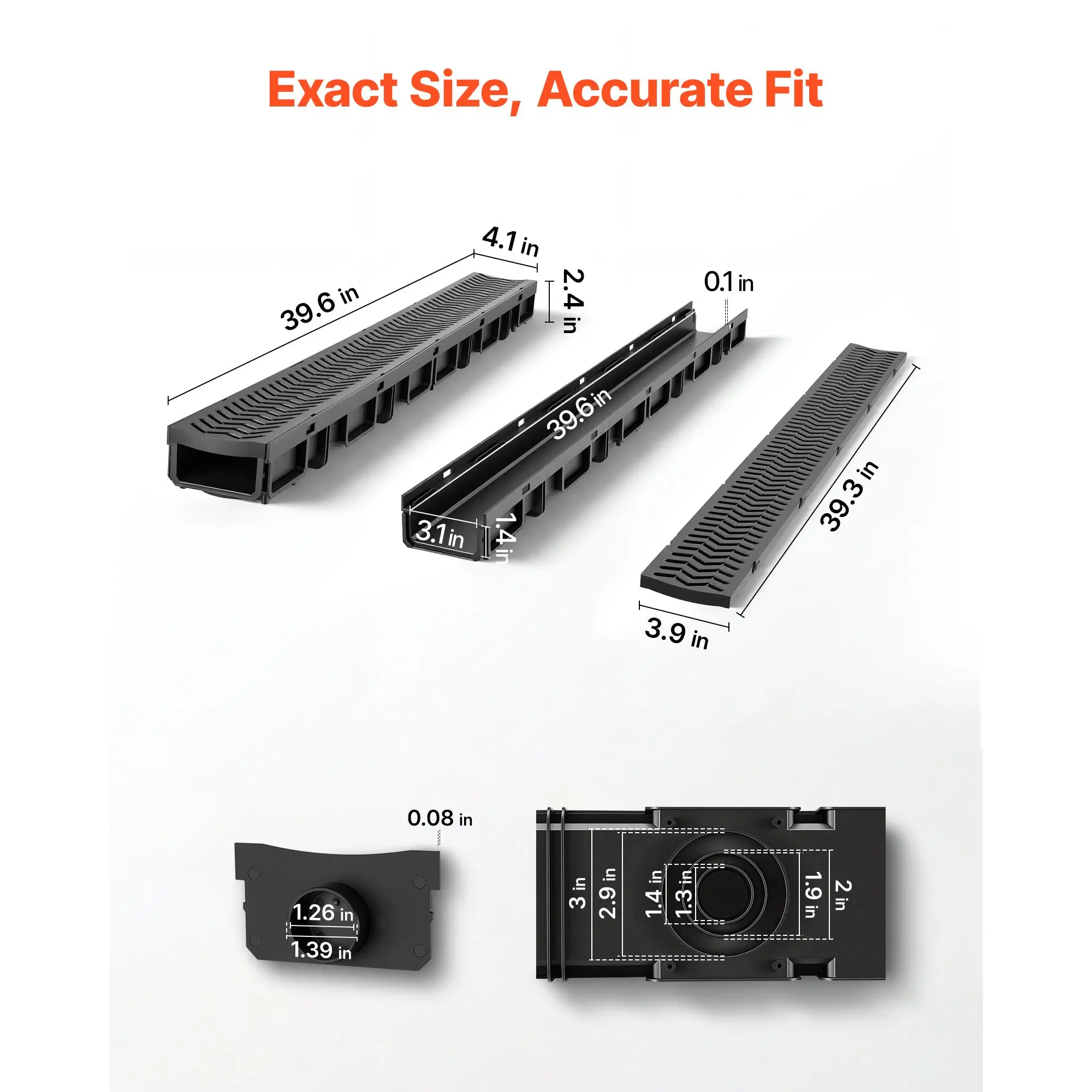 Trench Drain, 39.6 X 4.1 X 2.4 in, 6 Pack Linear Drainage Channel, HDPE Channel Drain with Grates & End Caps, Premium Outdoor