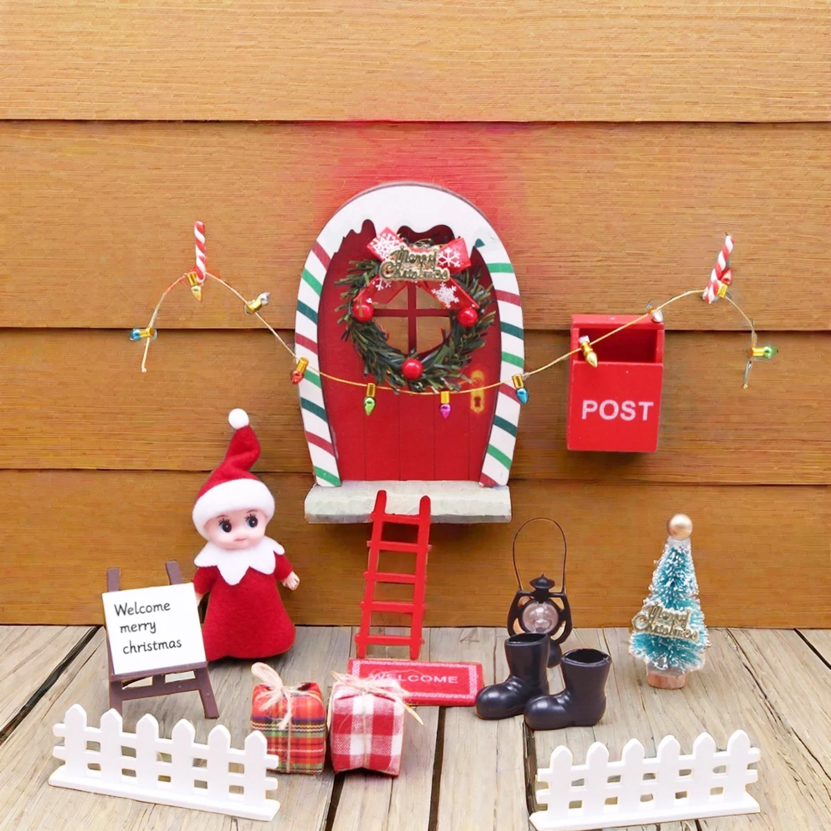 

20Pcs Dollhouse Miniature Christmas Red Rainbow Gate Elf Magic Fairy Garden Wooden Door Fake Light String Post Mailbox DIY Deco