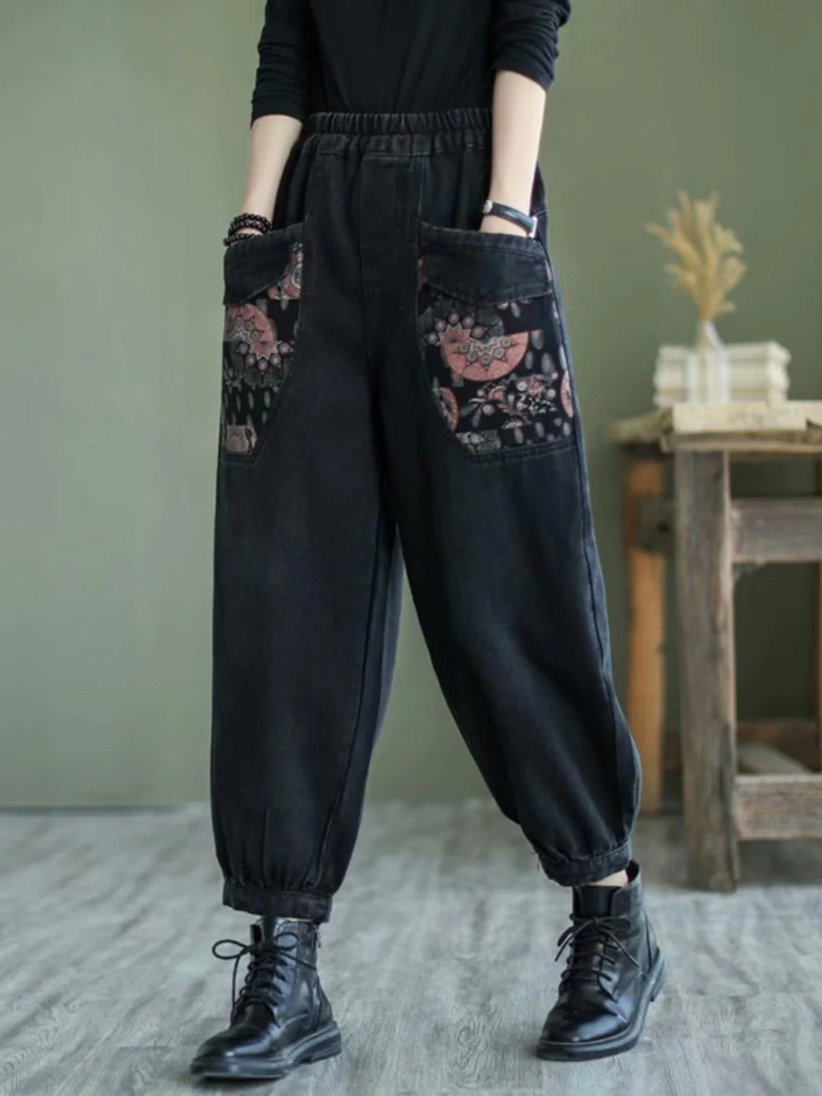 

plus Size Ethnic Print Loose Fit Harem Jeans Women's Autumn New Sle Elastic Waist Slimming Long Trousers Faionable plus Size